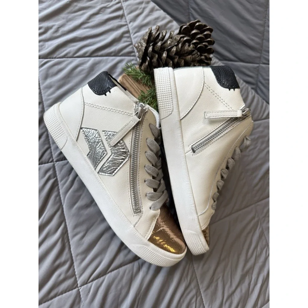 Dolce Vita Zonya Cooper High Top Sneakers White Metallic Silver Gold Women's 8.5